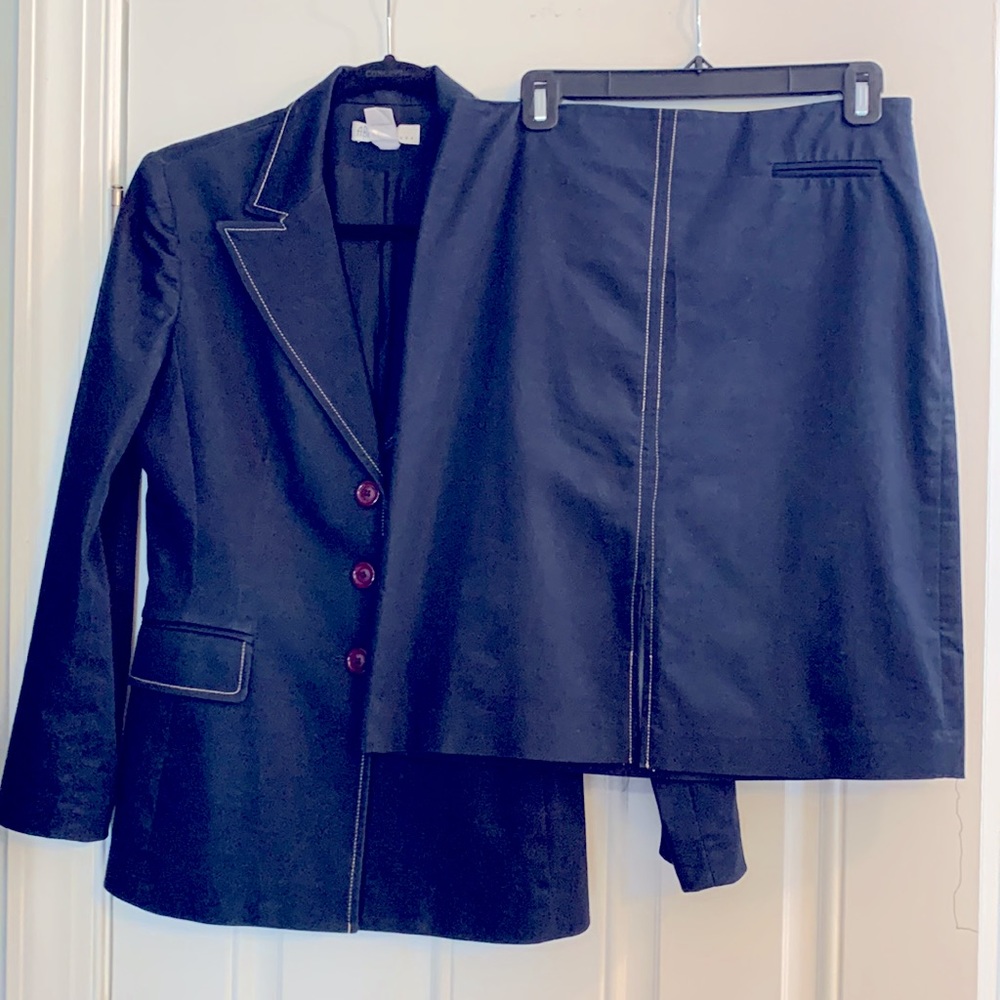 Navy Blue Skirt Suit with Tan Stitching
